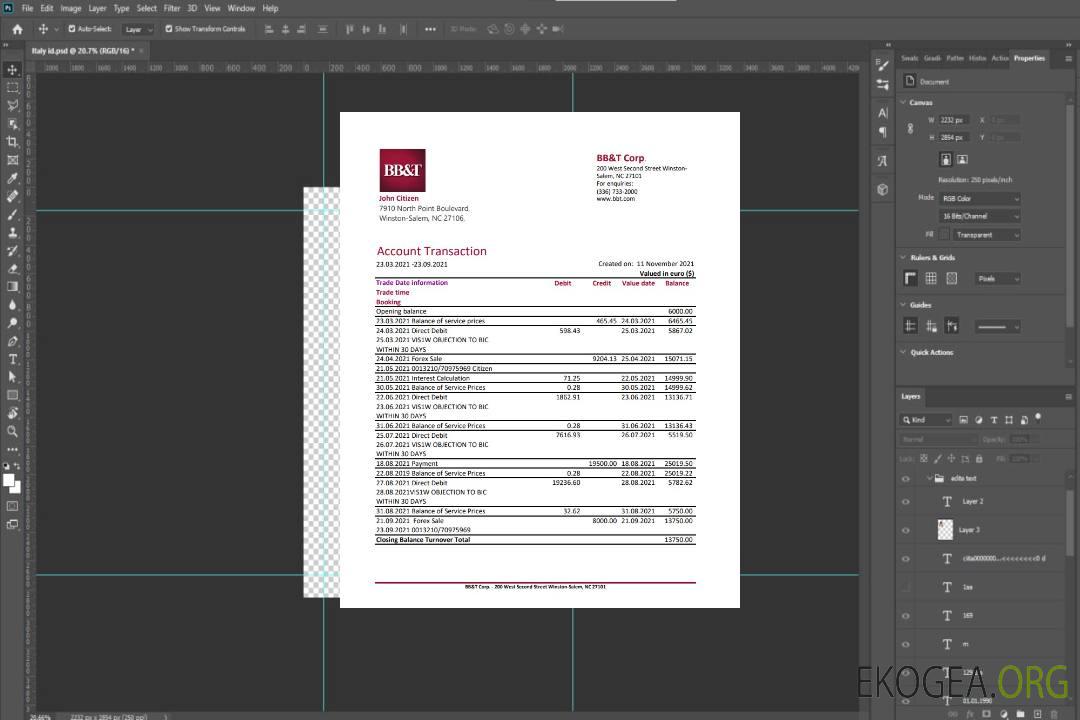 Modèle de relevé bancaire USA Caroline du Nord BB&T Corp. au format Excel et PDF template